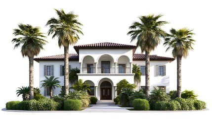 Fototapeta premium Mediterranean Style Villa with Palm Trees and Lush Greenery