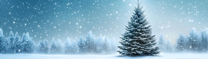 Fototapeta premium A Single Evergreen Tree in a Snowy Forest