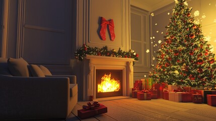 Fototapeta premium Cozy Christmas living room with fireplace, decorated tree, and presents.