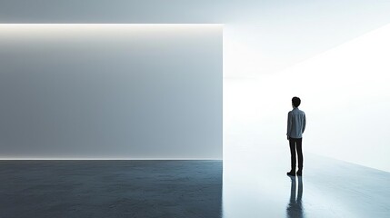 Obraz premium Introvert Solitude Minimalism Person standing in a quiet, empty hallway, enjoying serene atmosphere, flat design illustration