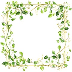 Fototapeta premium Golden Vine Border Frame with Green Leaves for Wedding Invitation Design