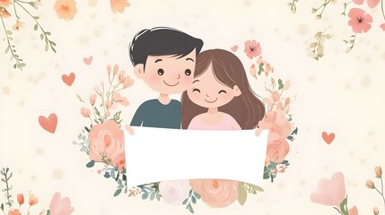 Cute Couple Holding Blank Banner with Floral Background for Valentine s Day  Wedding  or A