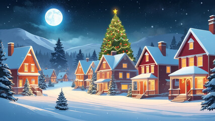 Fototapeta premium Dreamy Christmas Landscape: Cottages Bathed in Festive Glow