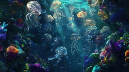 Colorful Jellyfish Amidst Rich Marine Life