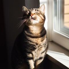 Tabby Cat Relaxing in Sunbeam on Windowsill