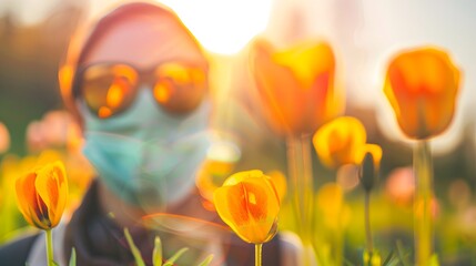 Close-up of pollen-covered flowers with a blurred background of a person wearing a face mask and sunglasses, protective measures against allergens during allergy season. spring, summer, breathing