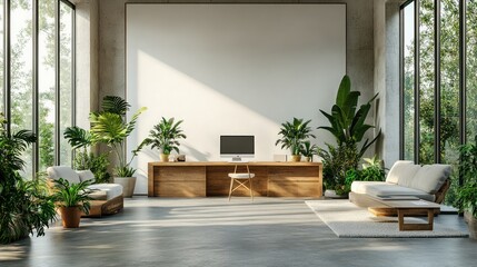 A large open office space with a lot of greenery and plants