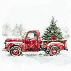 A vintage red truck adorned with a Christmas tree and snow, capturing the essence of winter festivities and holiday spirit.