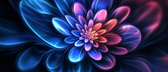A vibrant and colorful digital flower design with intricate petal shapes, blending shades of pink and blue against a dark background.