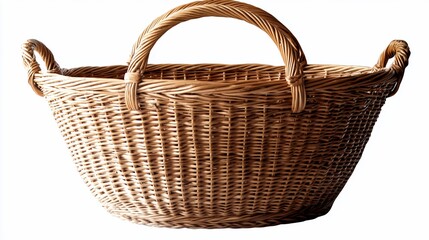 Obraz premium A woven wicker basket with two handles, isolated on a white background.