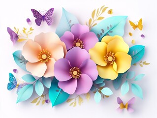 A beautiful arrangement of colorful paper flowers and butterflies, showcasing vibrant hues and delicate details against a light background.