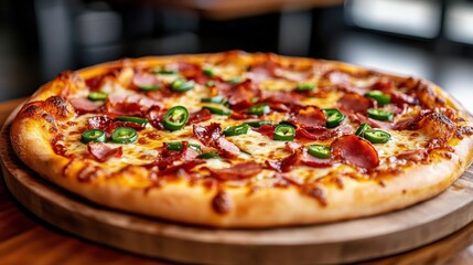Delicious pizza topped with jalapenos and bacon on a rustic wooden board.