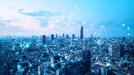 Fototapeta premium Business concept for information, communication , connection technology - panoramic modern city skyline bird eye aerial view under dramatic glow and beautiful dark blue sky.