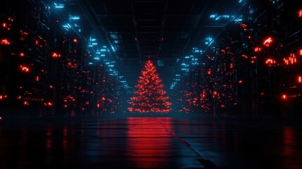 Naklejka premium Vibrant neon-lit Christmas tree in a dark, futuristic setting.