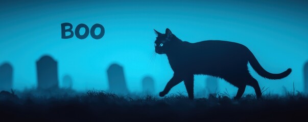 A silhouette of a black cat walking in a spooky graveyard, with a ghostly 'Boo' in the background.