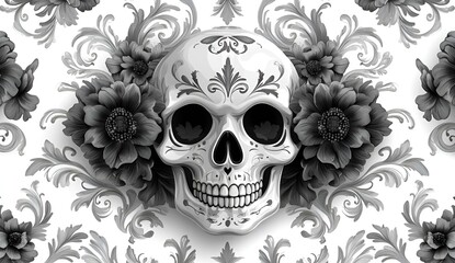 Stunning Skull Adorned with Flowers Mounted on a Wall for a Striking Decor.
