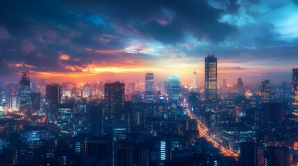 Obraz premium Business concept for information, communication , connection technology - panoramic modern city skyline bird eye aerial view under dramatic glow and beautiful dark blue sky.