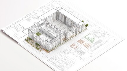 Architectural model with blueprints for a building design project.