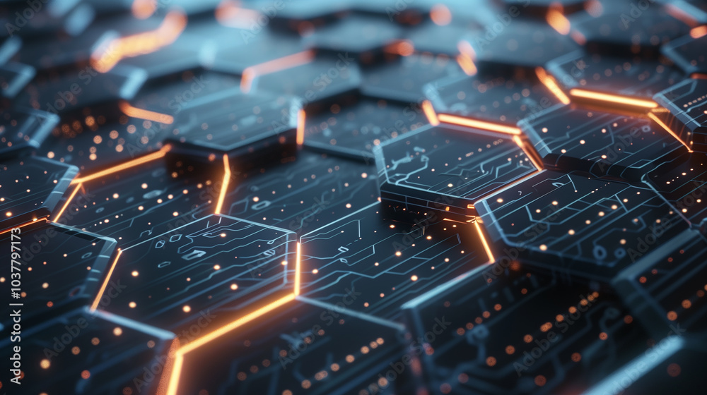 Poster tech background wallpaper 3d holographic hexagonal patterns with pulsing light trails, set against a