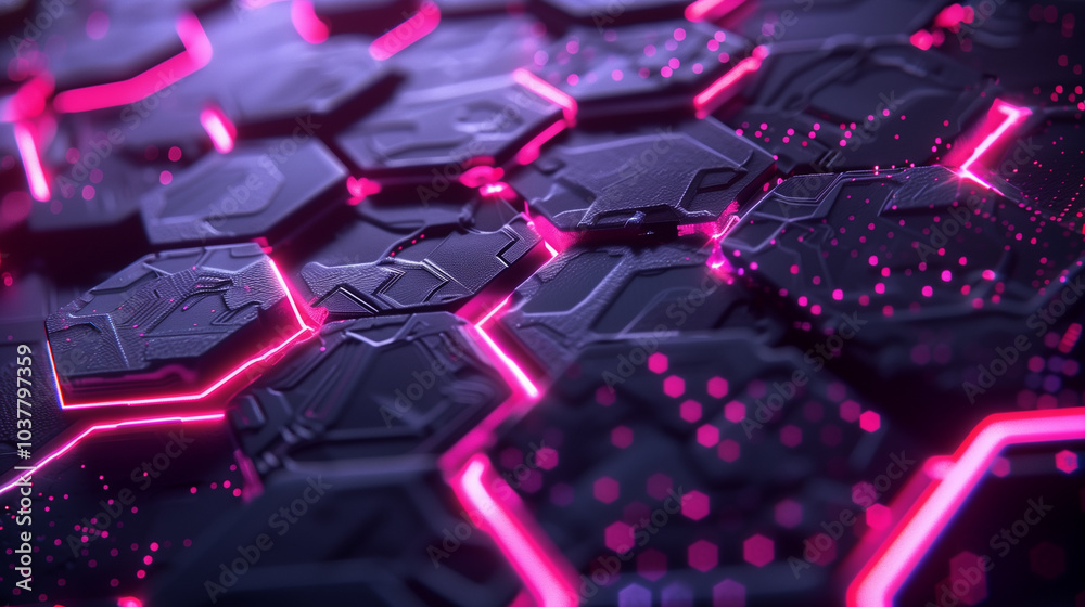 Poster tech background wallpaper 3d holographic hexagonal patterns with pulsing light trails, set against a