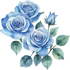 a watercolor painting of blue roses with leaves.