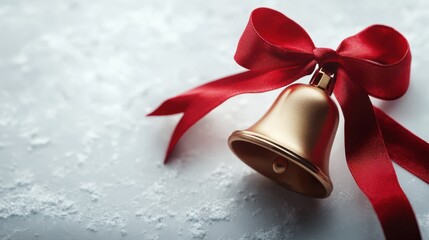 Christmas bell with a red ribbon on a snowy white surface, festive and elegant holiday feel. Ideal for  Christmas cards, holiday-themed advertisements, or winter promotional designs