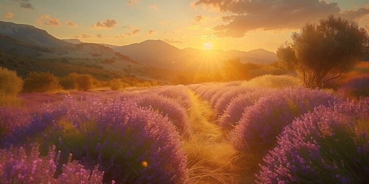 Vibrant lavender fields at sunset with mountains in the background. Generative AI