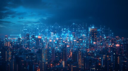 Fototapeta premium Business concept for information, communication , connection technology - panoramic modern city skyline bird eye aerial view under dramatic glow and beautiful dark blue sky.