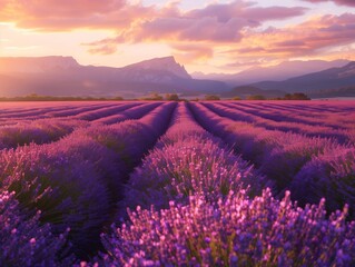 Fototapeta premium Lavender fields in full bloom at sunset near the mountains in Provence, France. Generative AI