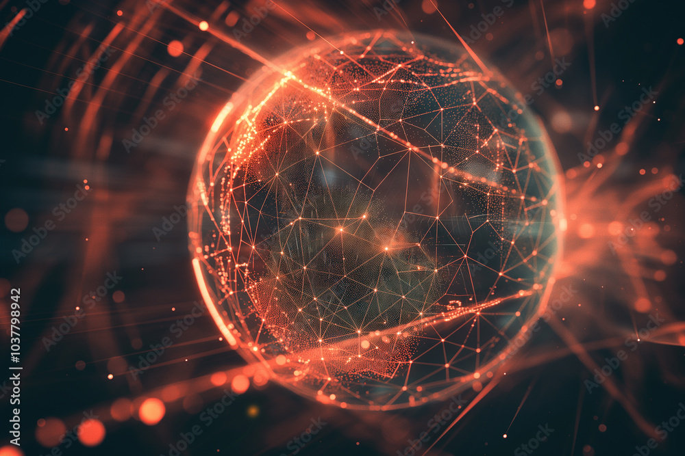Poster tech background wallpaper digital sphere made of intersecting light beams, surrounded by floating ge