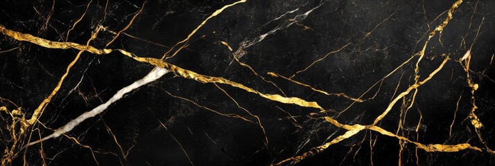 A stunning black marble surface with striking golden and white veining, adding a touch of elegance and sophistication.