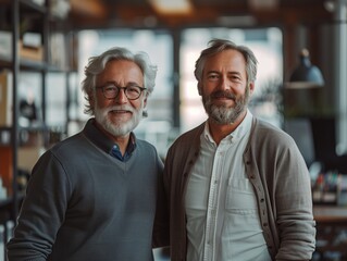 Fototapeta premium Two older friends smiling together in a cozy coffee shop during the day. Generative AI
