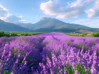 Fototapeta premium Stunning lavender field in bloom under a clear sky with mountains in the background. Generative AI