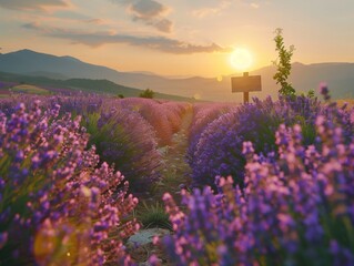 Obraz premium Lavender fields at sunset with mountains in the background near a wooden sign. Generative AI