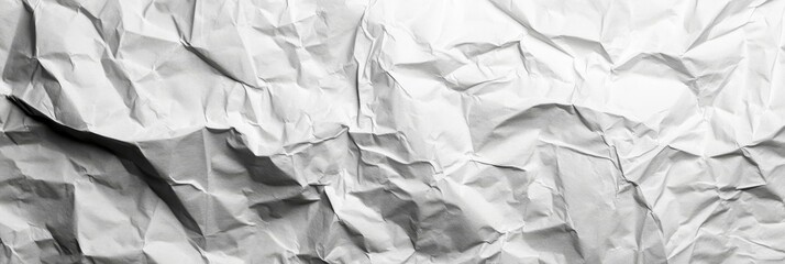 Crumpled white paper texture, showcasing intricate folds and shadows, perfect for backgrounds or artistic projects.