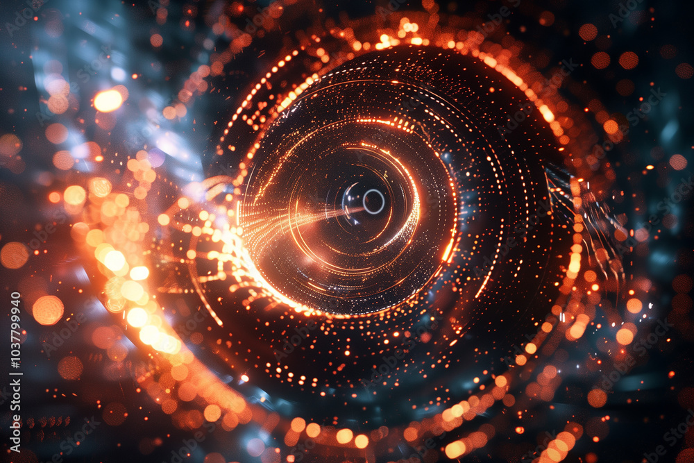 Poster tech background wallpaper glowing concentric circles and data particles, creating a vortex-like effe