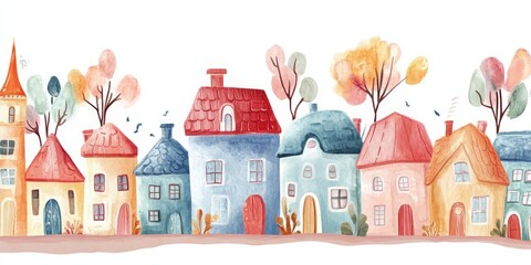 Obraz premium Enchanting Watercolor Fairy Tale Houses: A Whimsical Journey into a Colorful Fantasy Village