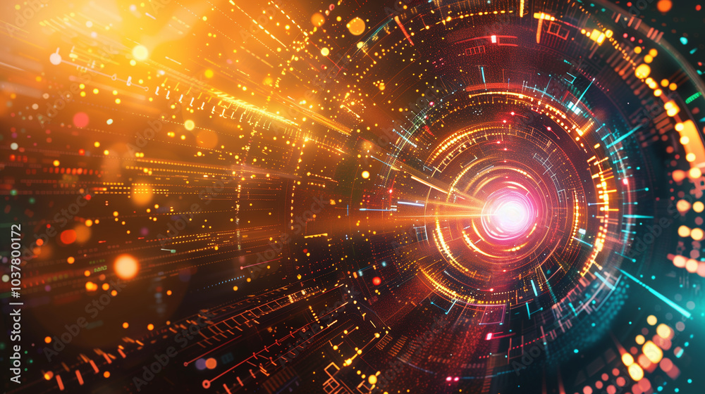 Poster tech background wallpaper glowing concentric circles and data particles, creating a vortex-like effe
