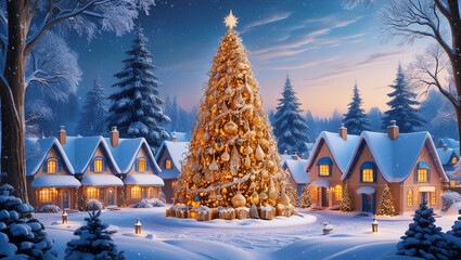 Fototapeta premium Cozy Holiday Retreat: Cottages and a Christmas Tree in a Snowy Landscape