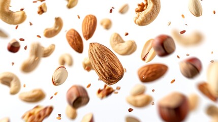 Assorted nuts mix floating above white background, levitation effect.