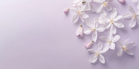 Fototapeta premium Exquisite White Floral Arrangement on a Subtle Purple Canvas: A Delicate Embodiment of Spring's Elegance