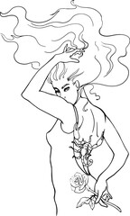 The girl according to the scorpio horoscope. Vector linear drawing of a girl. For printing postcards, coloring books, postcards. For printing on clothes, dishes, tattoos. Mystical symbol in astrology