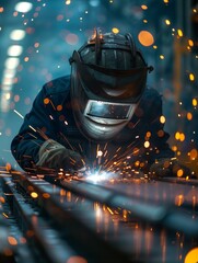 Welding sparks illuminate a craftsman at work in a workshop during evening hours. Generative AI