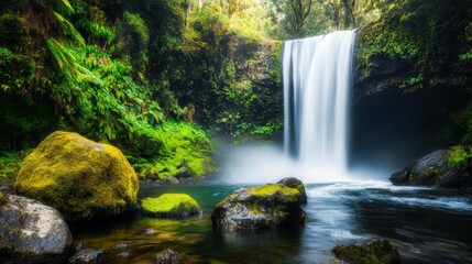 Misty Waterfall Cascading into Serene Pool
