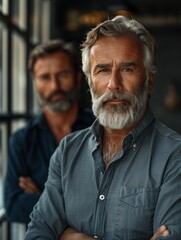 Obraz premium Two men with beards posing indoors in casual attire during daytime. Generative AI