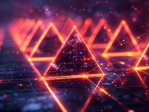 Neon triangles glowing on a reflective surface in a dark, futuristic setting. Generative AI