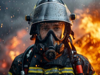 Fototapeta premium Brave firefighter in full gear battling a blaze during a rainy evening. Generative AI