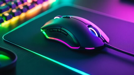 A high-performance gaming mouse sits neatly on a durable pad, captured in a sleek black-themed frame