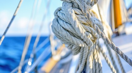 Obraz premium A sailing boat's rigging and ropes, coastal setting with clear blue sea, Nautical style