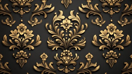Ornate gold floral pattern on a dark background, ideal for wallpaper or decorative design.